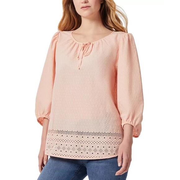Jones New York Women's Pointelle Tie-Neck Elastic-Sleeve Top,  Ela Rose Sand, XS - Picture 1 of 1
